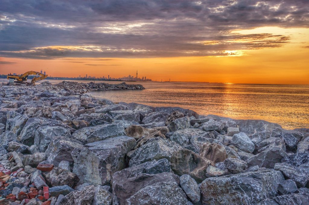 Sunset on the reclaimed lakeshore of Mississauga