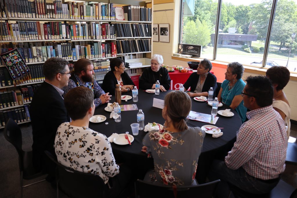 The Lieutenant Governor sits down for lunch with residential school survivors and supporters of the exhibition Reclaiming Shingwauk Hall at Algoma University 